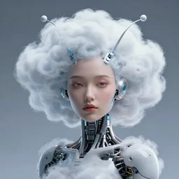 quantum cloud flower, photorealistic beautiful portrait of cyborg, flower antennas accessories