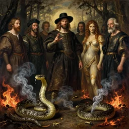 snakes, smoke, flames, full - length, oil painting in a renaissance style, very detailed, haunted background, painted by caravaggio, greg rutkowski, sachin teng, thomas kindkade, alphonse mucha, norman rockwell, tom bagshaw