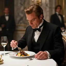 dune movie concept art aristocrat in elegant black suit eating dish with cooked sandworm with vegetables on plate, marble interior, wine glass, soft lighting, dark color scheme, art by gary jamroz simon goinard henrik sahlstrom devon cady - lee, sideways shot, white tablecloth, volumetric lighting, octane render, commission art, 8 k resolution