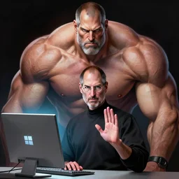 portrait of steve jobs posing while stopming on a windows pc ultra realistic illustration, a hulking herculean gigachad, bulging muscles, intricate, highly detailed, digital painting, artstation, radiant light, caustics, war hero, concept art, smooth, sharp focus, by gaston bussiere, bayard wu, giger, maxim verehin