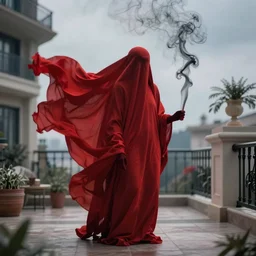 a smoke - figure covered by red cloth that's blowing in the wind standing in a beautiful penthouse with atmospheric light, digital art, concept art, cloth simulation with houdini, octane, redshift, 8 k