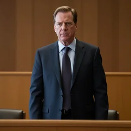 James Spader as Alan Shore standing in a courtroom.