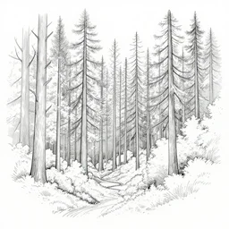 handmade stunning landscape of a big and beautiful forest, line art, artistic pen, watercolor by jakub rebelka, winning - award masterpiece, fantastic, octane render, 8 k hd resolution, high quality image