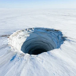 aerial shot of permafrost sinkhole forming in siberia