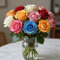 highly detailed realistic photo of multi colored roses in glass vase, blurry background, vibrant colors, award winning masterpiece photography, hyper realistic, concept art, 8 k detail post - processing