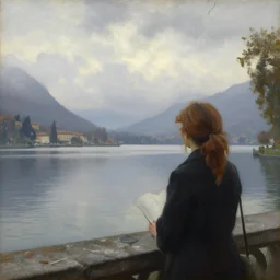 landscape painting of a woman! looking over lake como! cloudy morning!!! by edward williams