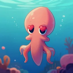a cute squid with heart shaped eyes, floating in water, large eyes, trending on artstation, very coherent, underwater, vibrant