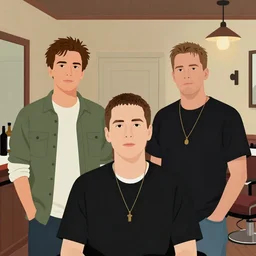 Twin Peaks artwork by Michael Whelan, Bob Larkin and Tomer Hanuka, of portrait of Justin Beber, Eminem, Channing Tatum and Joseph Gordon-Levitt in a barbershop quartet, from scene from Twin Peaks, simple illustration, domestic, nostalgic, from scene from Twin Peaks, clean