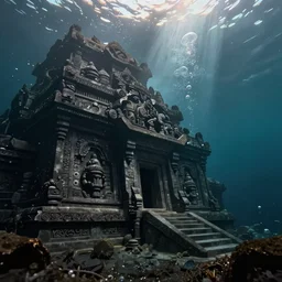 wide shot, submerged pre - incan temple, carvings, dark, grenada underwater sculpture park, bubbles, abyss, stylized, anime style mixed with fujifilm, detailed gouache paintings, crepuscular rays, dark, murky, foggy, atmospheric, artstation, cgsociety, octane render, cgi, unreal engine 5, denoise, cinematic masterpiece