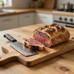 a bread made of steak, partially sliced on a wooden cutting board with a cleaver by it\'s side, on a table in a cozy kitchen, 8K, 50mm lens
