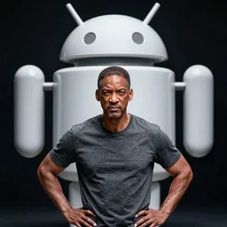 photo of angry will smith in grey t - shirt looking at android robot. centered, dramatic posing. cinematic. dark background, hyper detailed, 4 k, high quality, smooth, sharp focus, hyper reealistic, colored