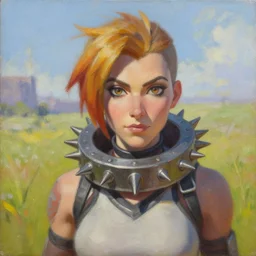 oil painting of tracer overwatch in a field wearing thick spiked collar around neck, in style of mark arian, expressive face, wearing choker, large steel collar, steel choker, wearing collar on neck, detailed face, detailed eyes, full body, feminine face, tracer overwatch,