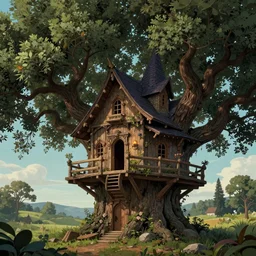 a witch's hut embedded in a tree, the treetops of giant oaks, detailed illustration, digital art, overdetailed art, concept art, highly saturated colors, detailed illustration, hd, 4 k, digital art, cgsociety and beeple highly detailed, cinematic lighting, illustration, art, very coherent. high detail, dan mumford, greg, rutkowski, trending on artstation