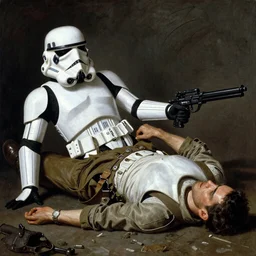war photography, the falling soldier, an imperial stormtrooper, zeroes in on the instant of death forever anticipated in the painting, etched into the public's mind, groundbreaking, breathtaking, awardwinning, by robert capa, digital intricate art, hyperrealist, detailed, 8 k, 3 5 mm, canon, extreme long shot