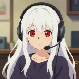 anime visual of a cute girl, with + ( ( red eyes ) ) + long white hair + ( ( wearing a headset in her room interior ) ), poster by studio ghibli, pixiv fanbox