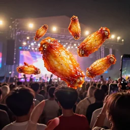Hot wings glowing and floating in a rock concert, Selfie