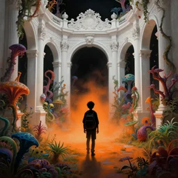 a silhouette of boy with a backpack exploring white baroque neoclassicist halls overgrown with colorful alien swamplife. close - up view, detailed textures. glowing orange fog, dark black background. highly detailed fantasy science fiction painting by moebius, norman rockwell, frank frazetta, and syd mead. rich colors, high contrast
