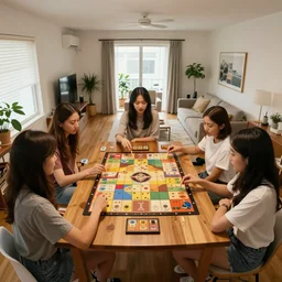 Women playing board games at the apartment, Greg Rutkowski, Feng Zhu, trending on Artstation, 8K, ultra wide angle, establishing shot, pincushion lens effect, zenith view