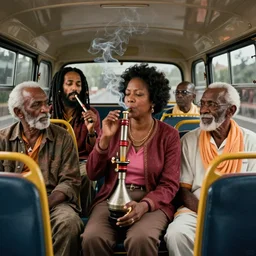 Rosa Parks smoking the bong sitting on the back of the bus next to Bob Marley and Mahatma Ghandi , passing the bong; smoke out; cinema film; art direction; dramatic Studio lighting by John Gaeta; 4K 8K
