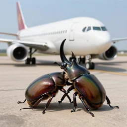 A rhino beetle this size of a tank grapples a real life passenger airplane on the tarmac.