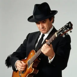 john belushi wearing a black suit and black necktie and black fedora hat playing electric guitar in a darkened nightclub, 3 5 mm film still from 1 9 8 1, grainy.
