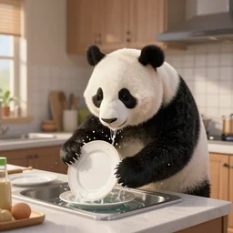 panda wash plates in the kitchen by greg rutkowski and thomas kinkade, trending on artstation, 3 d render octane
