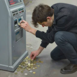 focus on person and money, hyper - realism painting, a person looking for coins on the ground to use a machine, amnesiac, frantically searching, looking for credits, digitally tokenized capitalism, focus on oxymoronic dichotomy, you have to pay to play, detailed texture