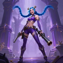close portrait insane pretty girl, evil, 2 long blue braids, pistol and bazooka, high boots, purple bridges with leggins, purple top, smiling laugh, particles explosion, elegant intricate matte sharp focus 8 k, fantasy digital art, league of legends, by ting xue
