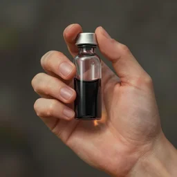 detailed digital art of a normal hand holding a single tiny unlabeled clear medicine bottle half-full of a mysterious jet-black liquid; magic the gathering art by Volkan Baga, rk post, Lindsey Look, artstation