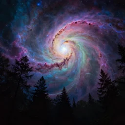 colorful. A highly detailed 4K fantasy matte painting of a nebula in the sky. Behind trees looking up silouette, zdzislaw beksinski, ArtStation, CGSociety, Unreal Engine