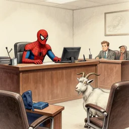 courtroom sketch of spiderman being sued by a goat