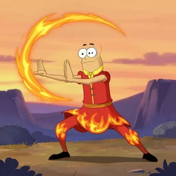 squidward wearing fire nation clothing and practicing firebending outside at susnset, greg rutkowski