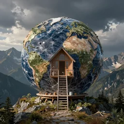 a globe house made of chaos in the mountains by julie heffernan, artstation, artgerm