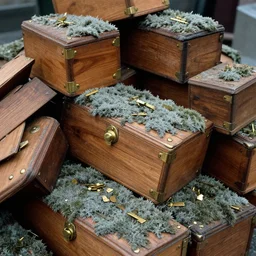 realistic photo of the pile of wooden boxes. brass details, brass fragments, covered in the grey moss 1 9 9 0, life magazine reportage photo