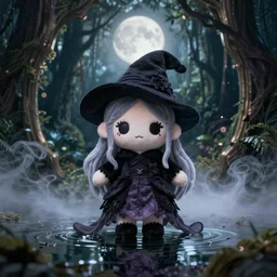 cute fumo plush of a frail cursed witch girl wandering the depths of the forbidden jungle, gothic wraith maiden, wispy smoke and volumetric fog on pond, beyond the mirror, filmic, symmetric beauty, moonlight midnight glow, vignette, vray