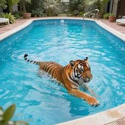 photo of a tiger inside a public swimming pool, wide angle, highly - detailed realistic