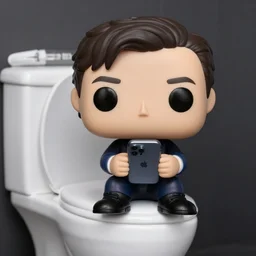 elon music as a funko pop toy sitting on the toilet scrolling on his iphone