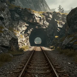 railway tracks going into a mountain tunnel, screenshot from the game skyrim