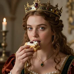 closeup medieval bosch face portrait of a fairytale princess wearing a crown eating cakes in the castle, bikini, depth of field, zeiss lens, detailed and intricate environment, nicoletta ceccoli, mark ryden, lostfish, breathtaking, 8 k resolution, extremely detailed, beautiful, establishing shot, artistic, hyperrealistic, octane render