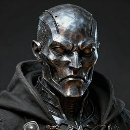 a menacing iron detailed male face made of steel wearing cloak epic detailed and intricate digital painting trending on artstation by wlop octane render