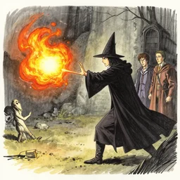 expressive and intensive, black ink & copic markers, vibrant muted colors, nostalgic still of [ a spellcaster ] [ casting fireball ], sideview, medium shot, by ( arthur adams ), by ( tom bagshaw ), by henry asencio, by kikuchi hideyuki