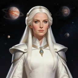 a space opera portrait of the powerful empress of the solar system in the style of anna dittmann and in the style of kim jung gi. glowing, ornate and intricate linework, stunning, dynamic lighting, ultrafine and hyperdetailed.