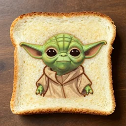 slice of toast with yoda's face branded into the center of it