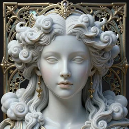 detailed realistic face portrait octane render, artwork by james jean, chiara bautista, smooth polished matte porcelain, queen of futility, jean delville, art nouveau, james jean spiraling clouds, ornate metal gothic icon heavy patina, joy, delicate, enchanting, otherworldly, whimsical, ethereal, mythology, magical, beautiful