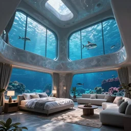 interior architecture of a large underwater room, bed, sofa, one large room, very tall ceilings, huge windows with sea creatures floating by, modernist