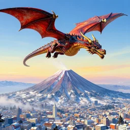 a dragon flying around the top of a volcano, winter city at the base, hyperrealism, vibrant color scheme, highly detailed, in the style of romanticism, cinematic, artstation, moebius, greg rutkowski