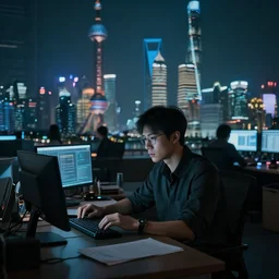 asian space program general leaning towards his desk at the office with the futuristic shanghai skyline in the background, busy, dark, cyberpunk, moody, ambient lighting, syd mead