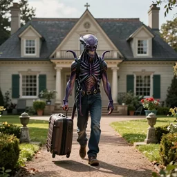 A demogorgon from Stranger Things as a contestant on Love Island and dragging his suitcase as he leaves the villa
