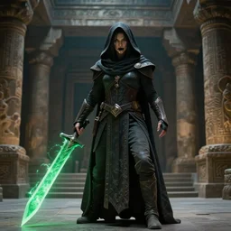 vfx film, hyper realistic render, soul reaver, raziel irl, price of persia movie, missing jaw, hero pose, devouring magic souls, scarf, hood, glowing green soul blade, in epic ancient sacred huge cave temple, flat color profile low - key lighting award winning photography arri alexa cinematography, hyper real photorealistic cinematic beautiful, atmospheric cool colorgrade