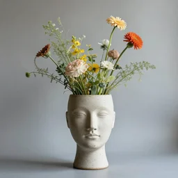 human head as a vase with flowers